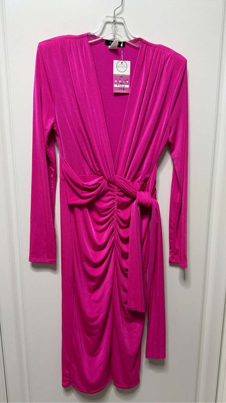 Cameo Hot Pink Ruched Wrap Midi Dress Long Sleeve Size L NWT